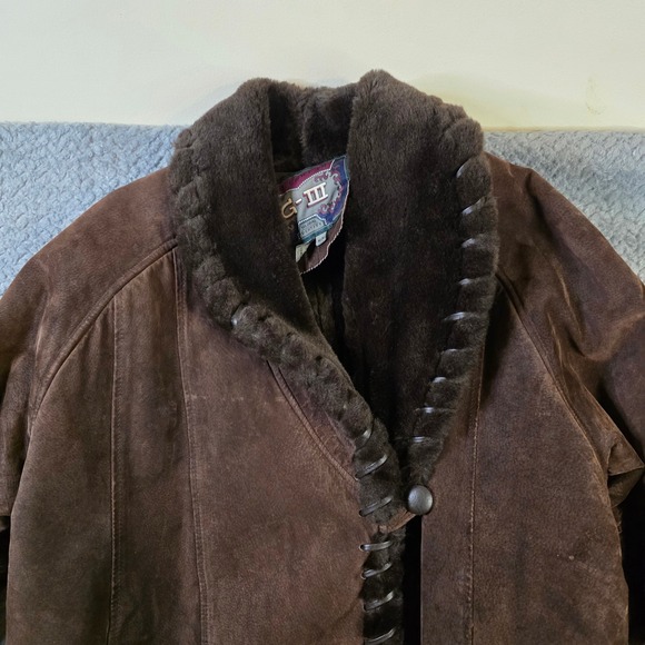 Womens G-III Real Suede Leather Coat Long Brown Faux Shearling Western Ranch M - Picture 3 of 15